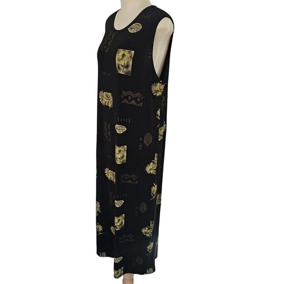 Es Se Stretch Nylon Knit Black Maxi Dress Plus 1XL Gold Foral Print Slveless 90s - Picture 2 of 11